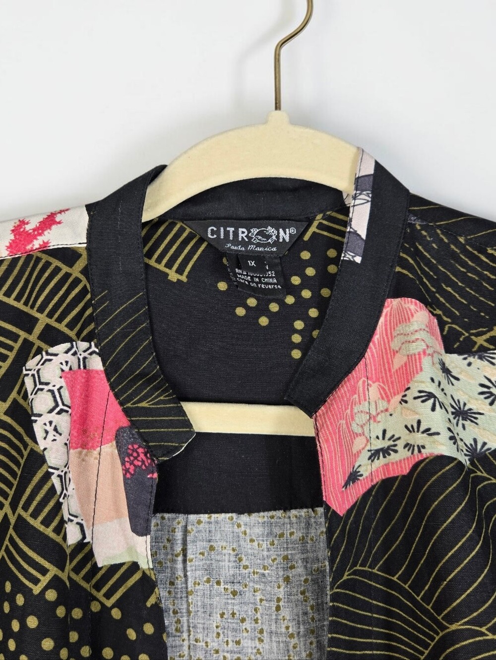 Citron Black Asian Print Silk Linen Blazer Open Front Banded Collar Womens 1X - Picture 5 of 15